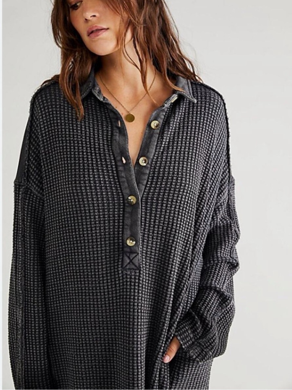 Free People Wilder Waffle Knit Henley Pullover